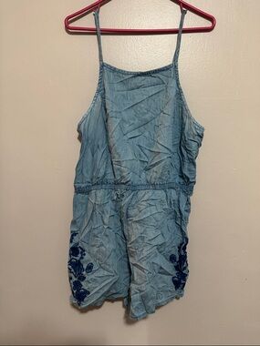 Light Blue Denim Romper with Navy Floral Embroidery